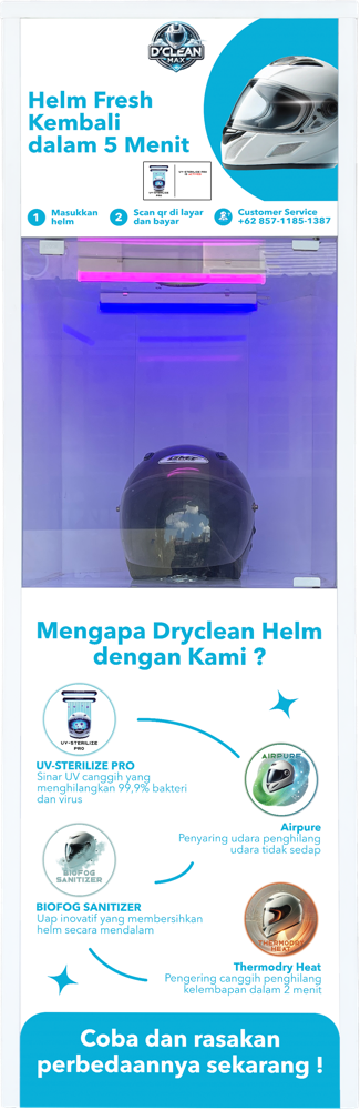D'Clean machine front panel showing a helmet inside the UV chamber and the cleaning features